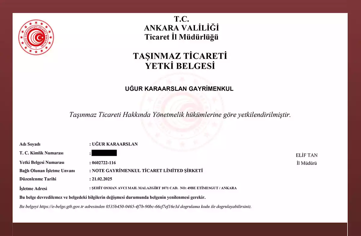 Taşınmaz Ticareti Yetki Belgesi